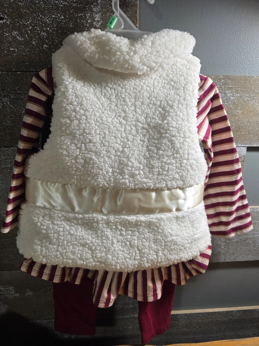Bonnie Baby White Sherpa Vest with Satin Bow and Berry Striped Top Set